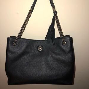 Tory Burch Whipstitch Tassel Black Leather Tote